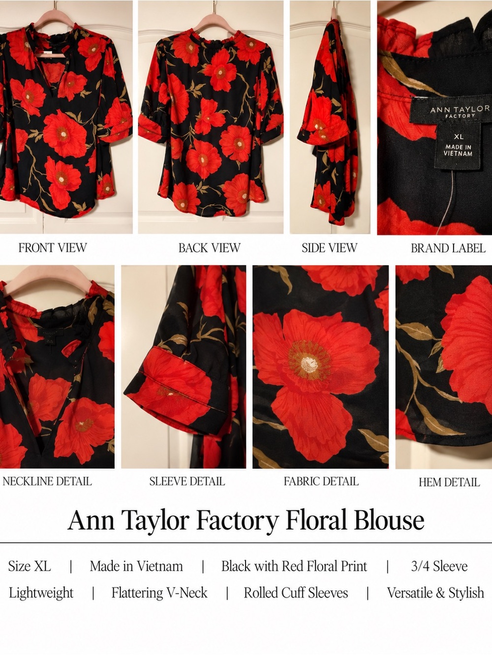 Ann Taylor Factory Black Blouse with Red Floral Design